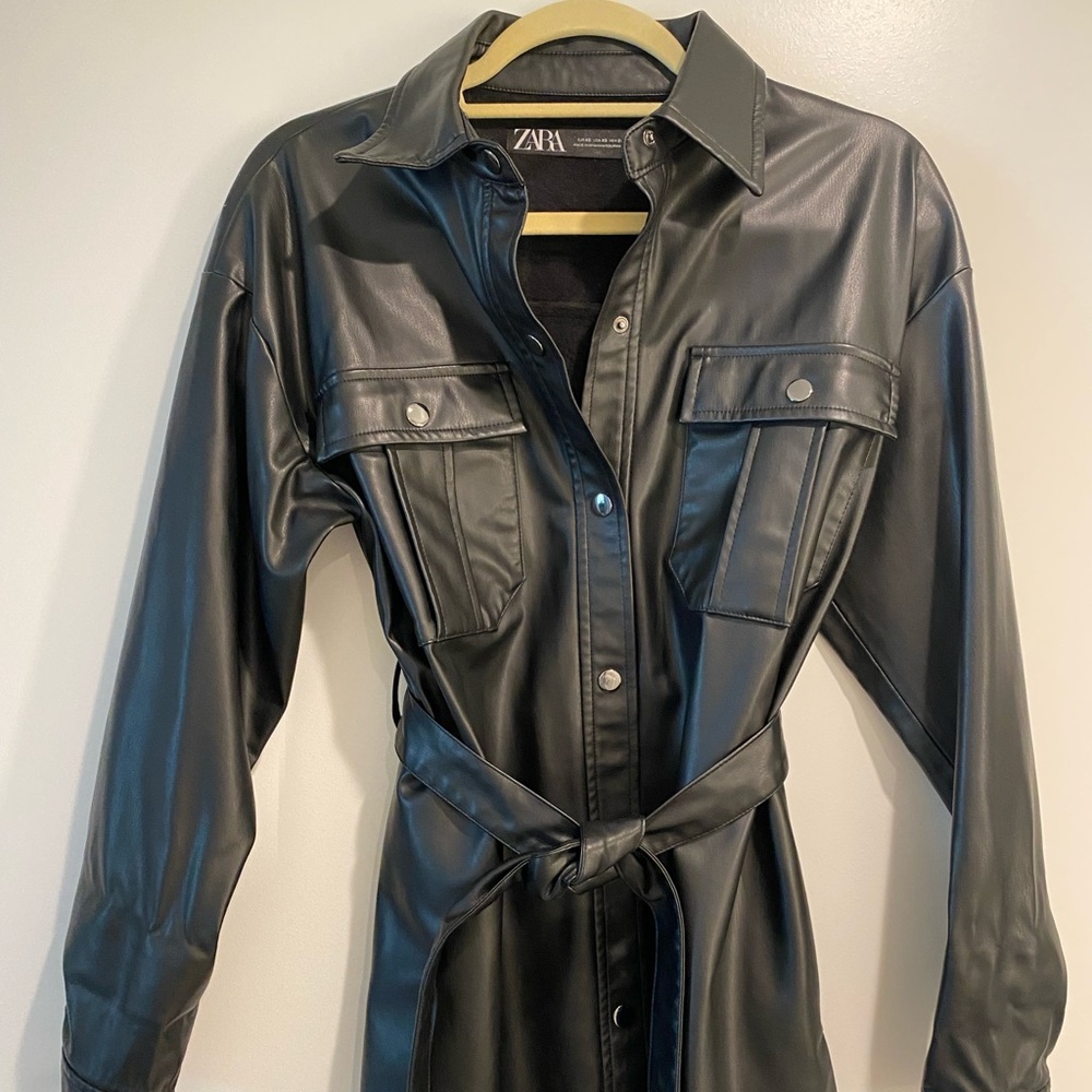 Zara faux leather black oversized shirt jacket/dress